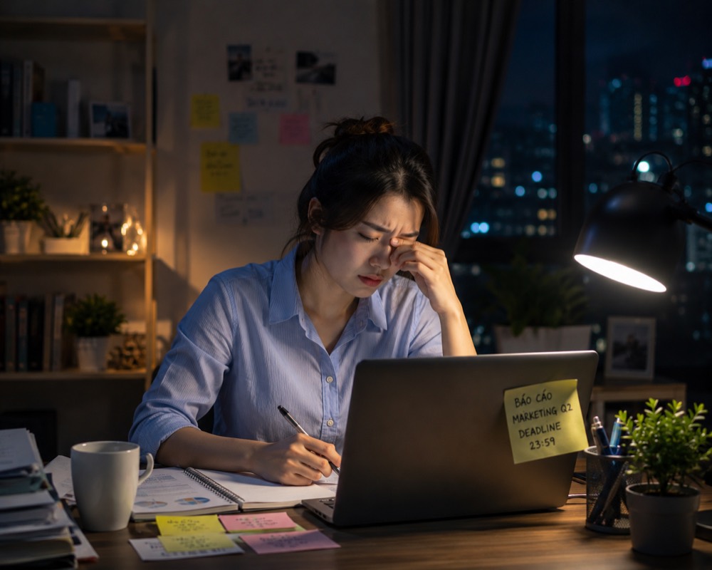 Phụ nữ dụi mắt vì mỏi mắt khi làm việc khuya